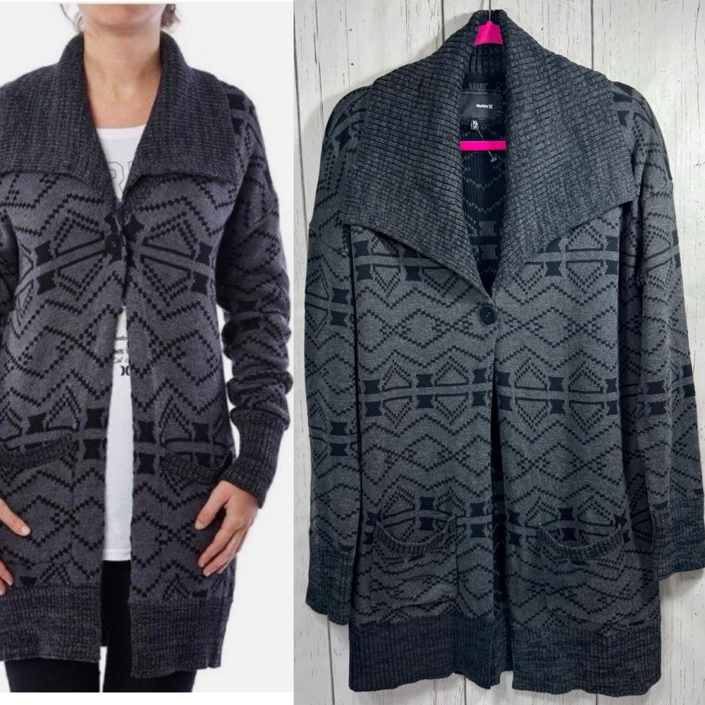 Hurley Womens Mojave Gray Knit Cardigan Geometric Single Button Cozy Pockets